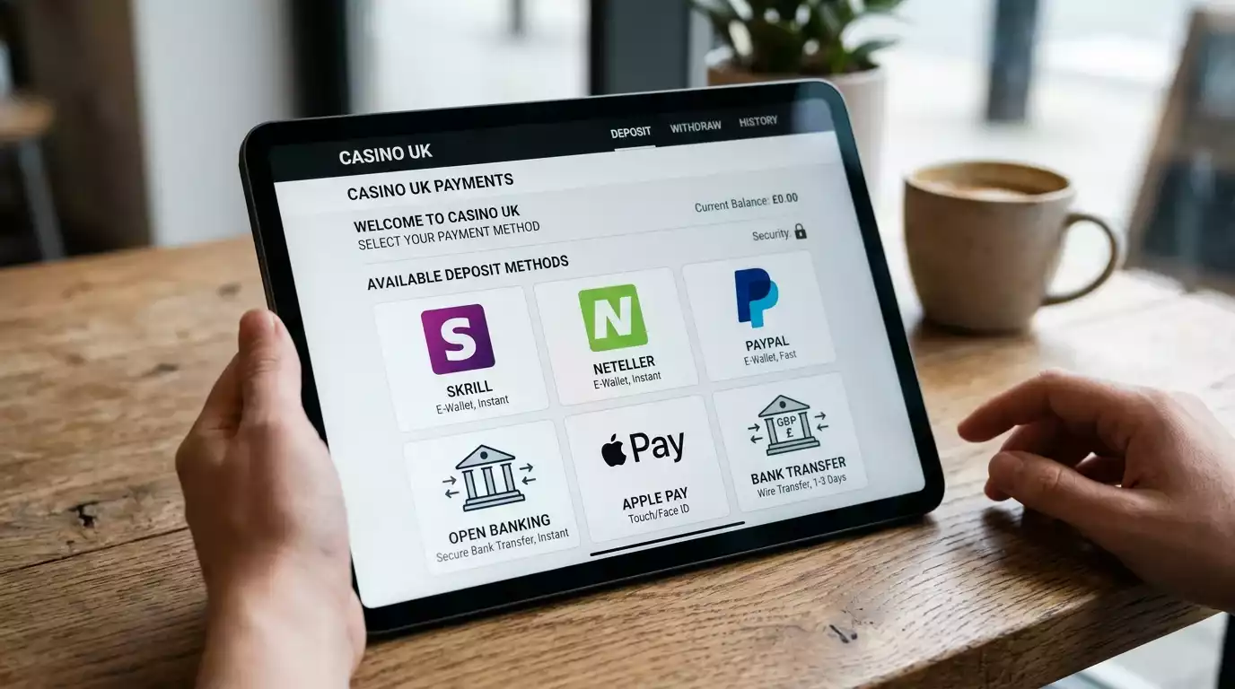 UK casino cashier showing payment method options including e-wallets