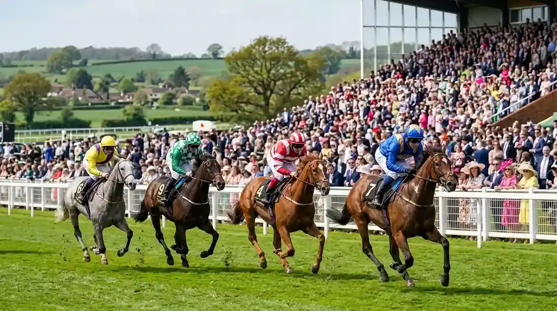 A British racecourse on a bright spring afternoon with thoroughbreds galloping past the grandstand and racegoers watching from the rail
