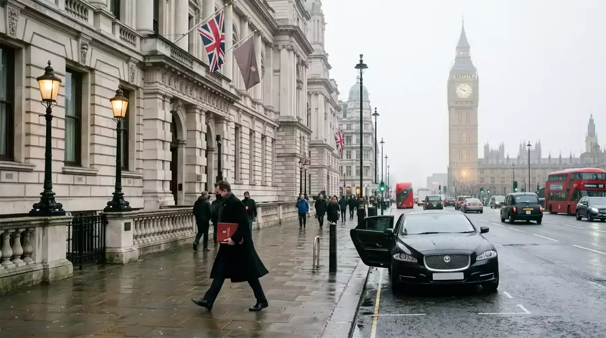 View along Whitehall toward the UK Treasury and Westminster on Autumn Budget day