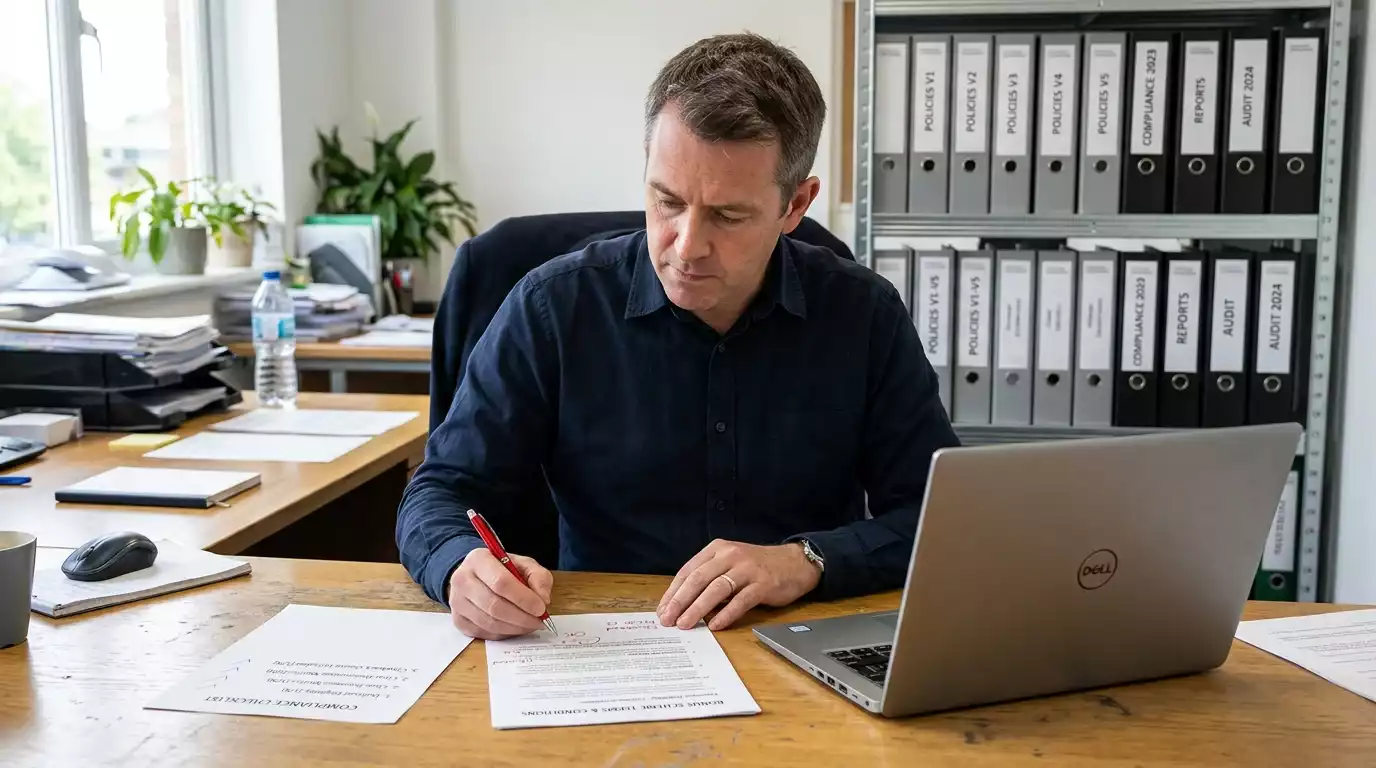 UKGC compliance officer reviewing UK casino promotional terms against regulatory standards