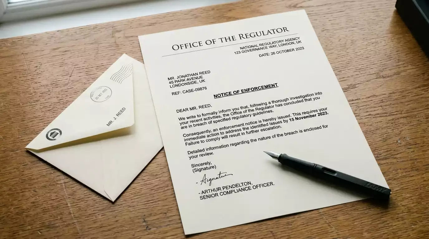 UK Gambling Commission cease-and-desist enforcement notice letter on an office desk