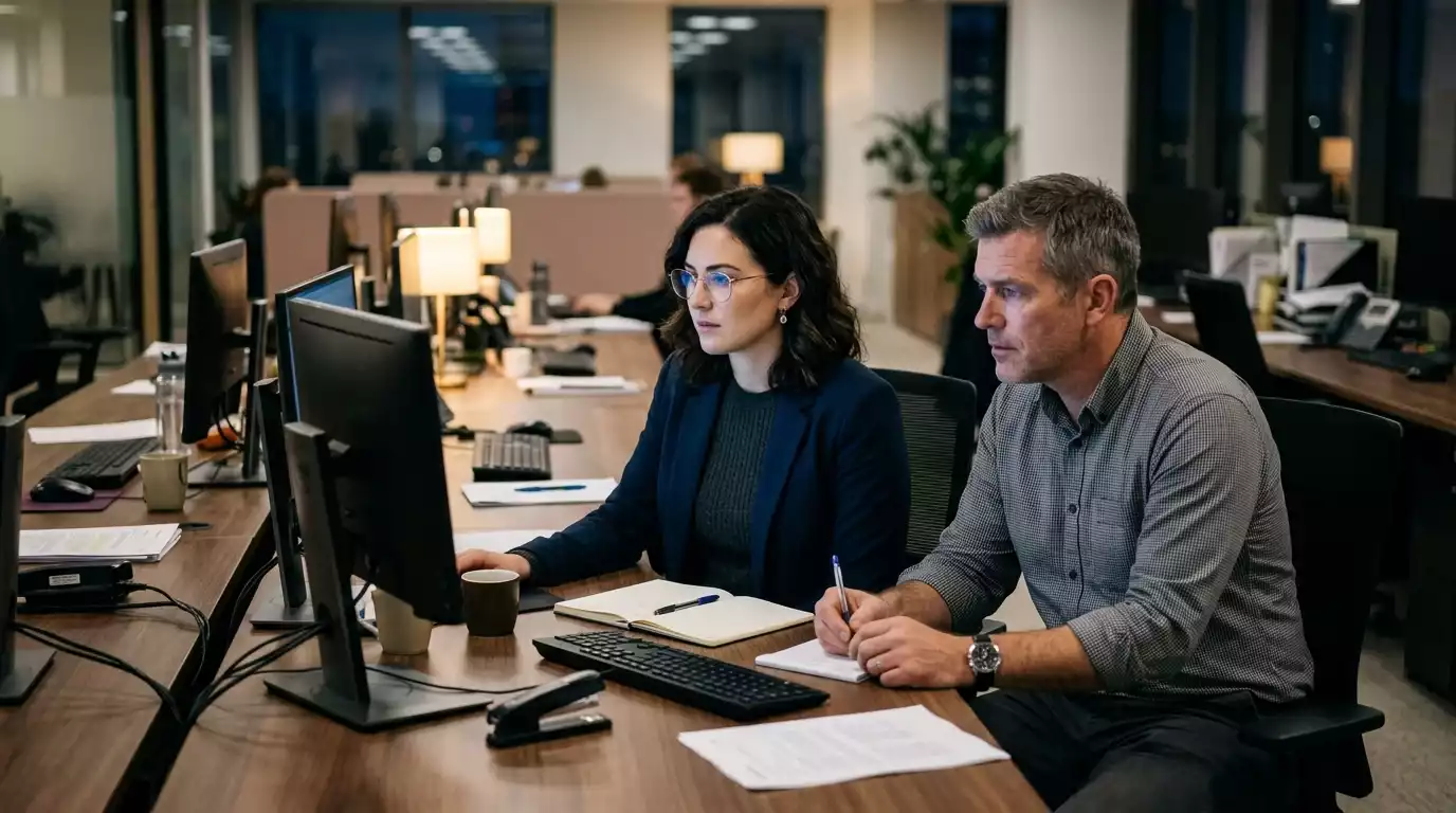 Two regulatory enforcement analysts comparing data on dual monitors in a quiet open-plan office in the early evening