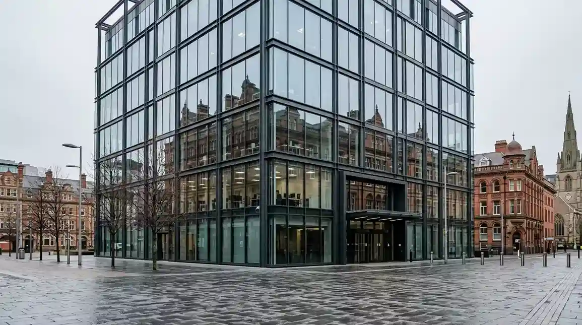 Modern glass office tower in central Birmingham housing the UK Gambling Commission under an overcast sky
