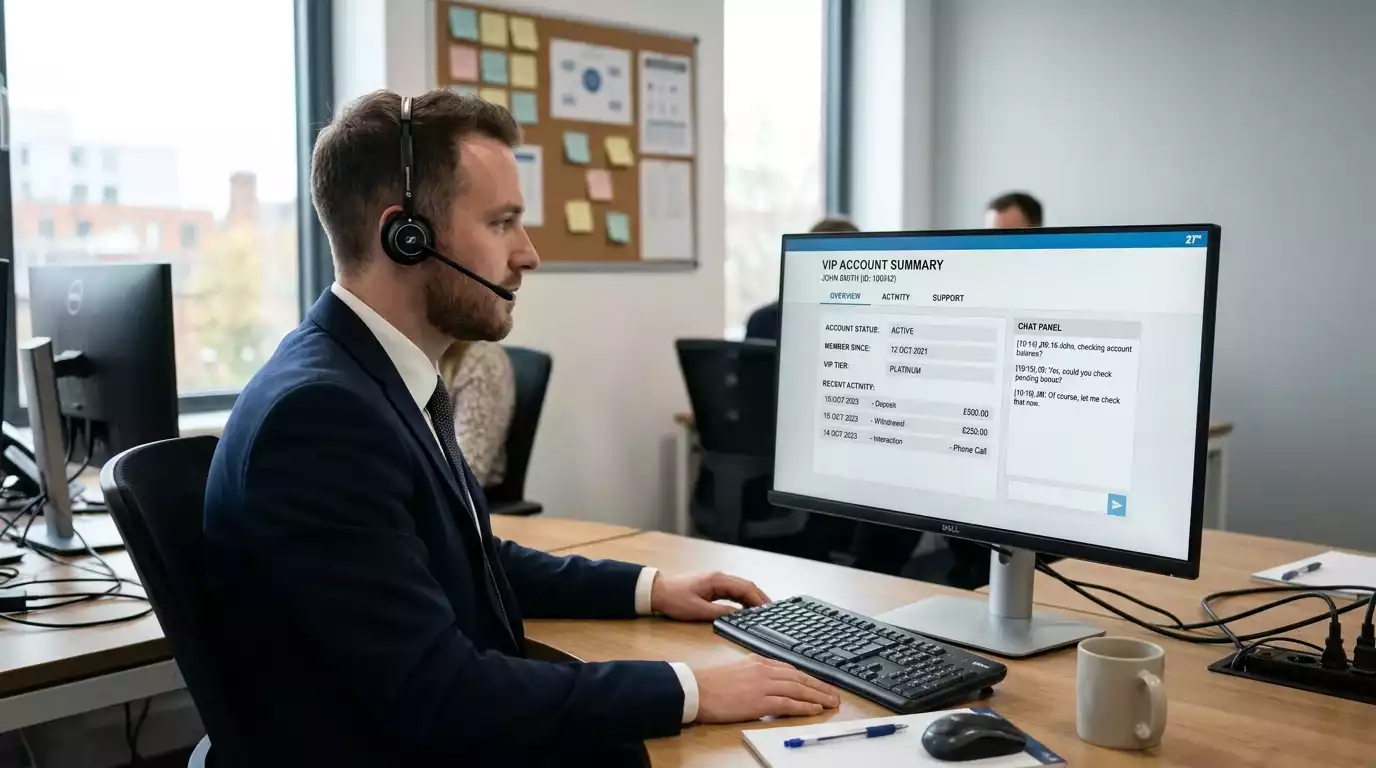 UK casino VIP account manager wearing a headset at a customer-service workstation