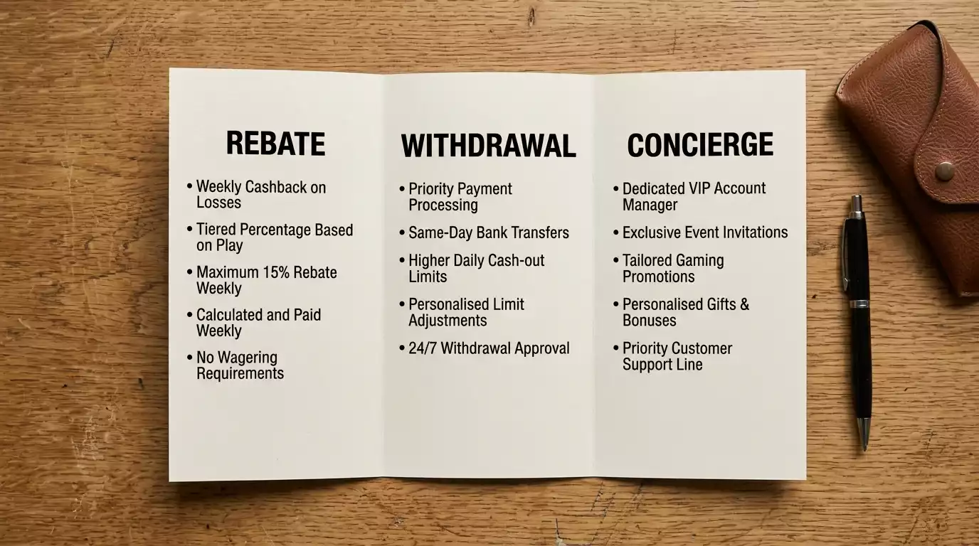 UK casino VIP benefits summary leaflet listing rebate, withdrawal and concierge perks side by side