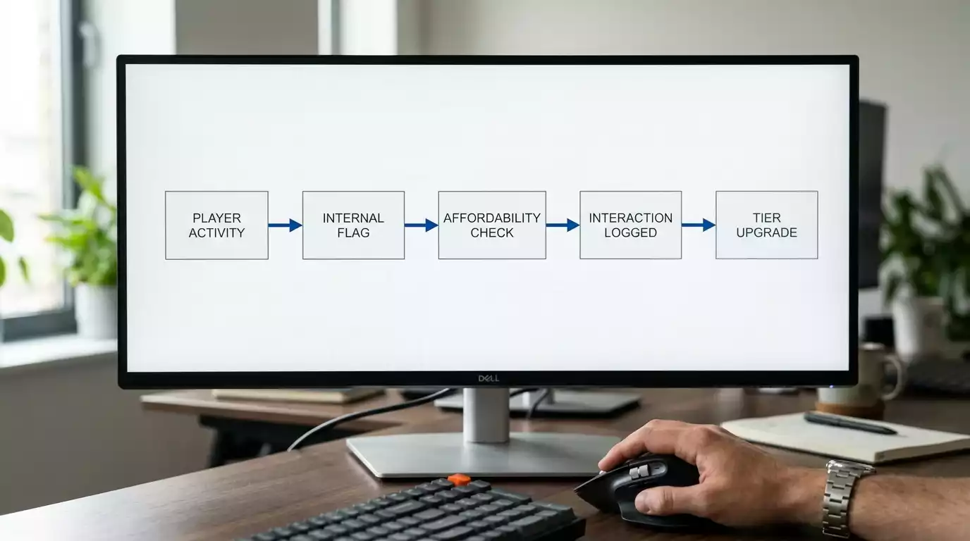 VIP upgrade pathway decision flow showing affordability checkpoints at each UK casino tier