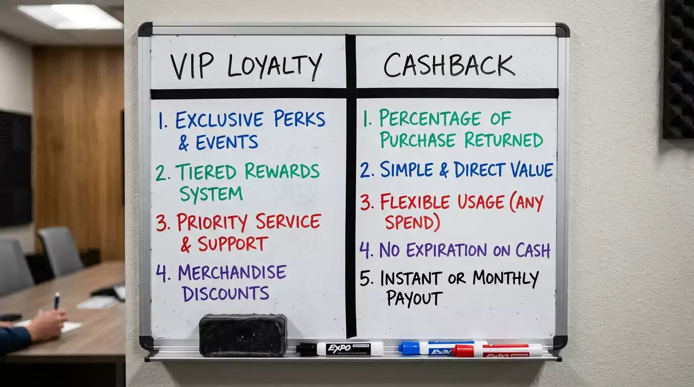 Whiteboard comparison of VIP loyalty versus cashback reward mechanics across UK casinos