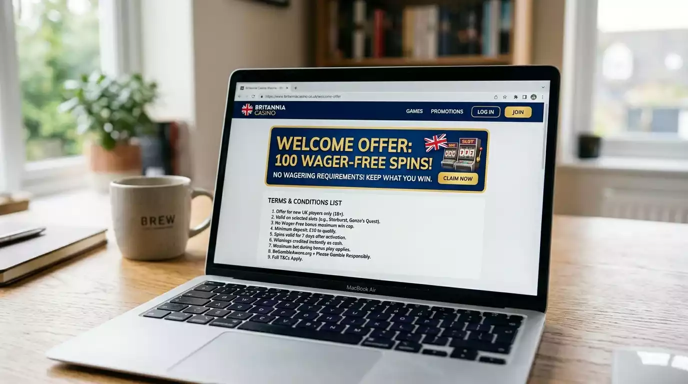 Casino welcome promotion page advertising wager-free terms