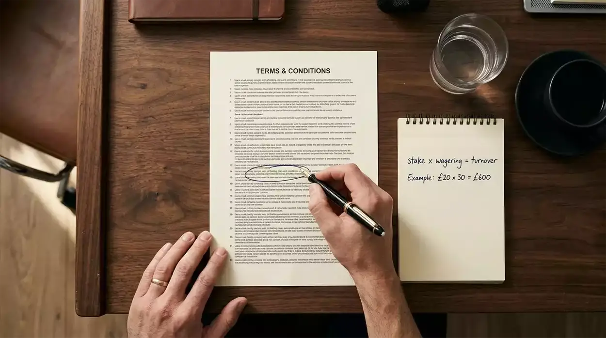 Person reviewing printed UK casino welcome bonus terms with wagering arithmetic on a notepad